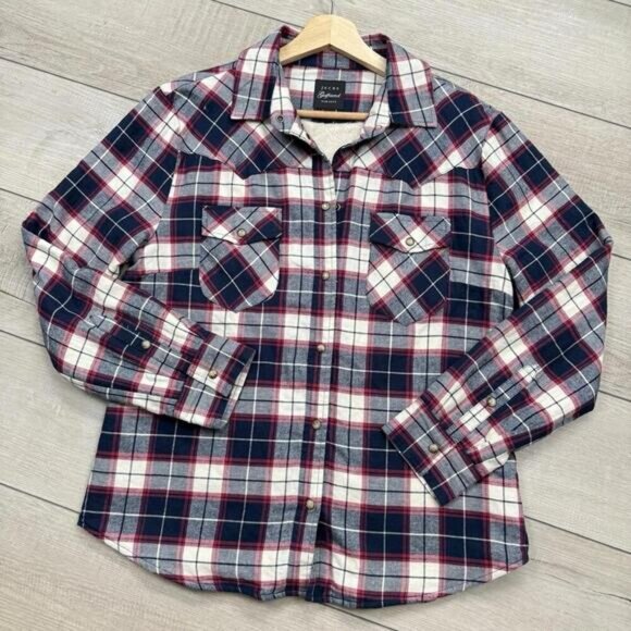 Jachs Girlfriend Sherpa Lined Flannel Shirt Overshirt Plaid Red Navy White Sz L - Picture 1 of 10